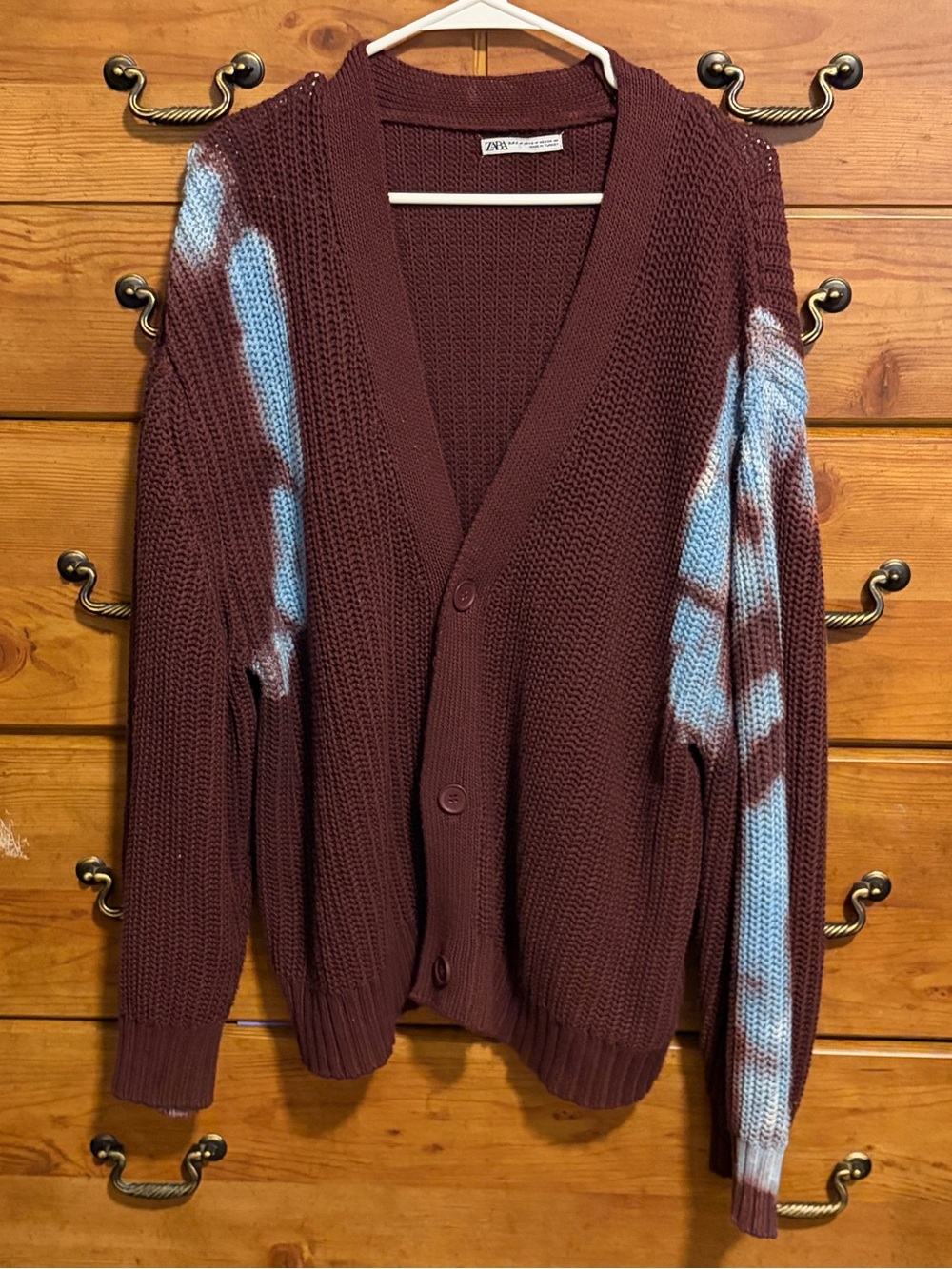Zara Burgundy Cardigan with Light Blue Tie-Dye Sleeves